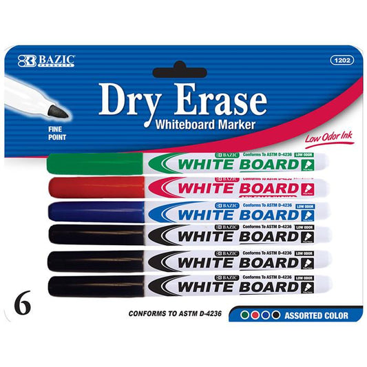 BAZIC Assorted Color Fine Tip Dry-Erase Marker (6/Pack) Sold in 12 Units