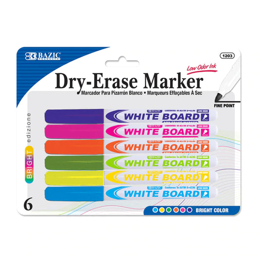 BAZIC Bright Color Fine Tip Dry-Erase Marker (6/Pack) Sold in 12 Units