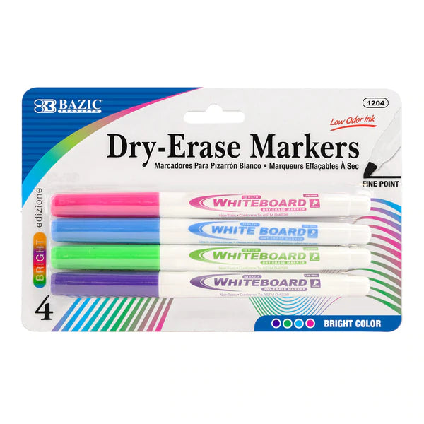 BAZIC Bright Color Fine Tip Dry-Erase Marker (4/Pack) Sold in 24 Units