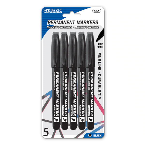 BAZIC Black Fine Tip Permanent Markers w/ Pocket Clip Sold in 24 Units