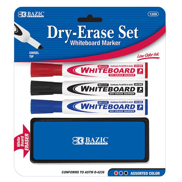 BAZIC 3 Asst. Color Chisel Tip Dry Erase Marker w/ Eraser Sold in 24 Units