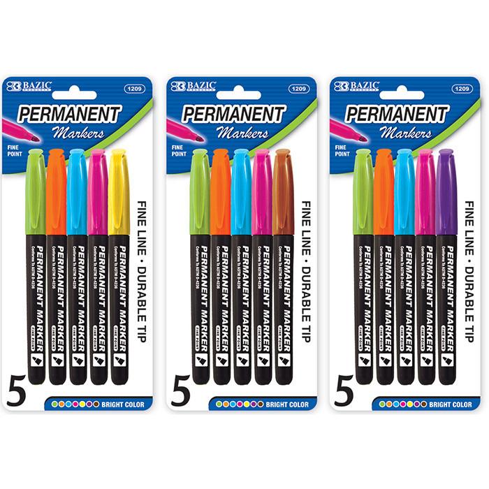 BAZIC Bright Colors Fine Tip Permanent Markers w/ Pocket Clip (5/Pack) Sold in 24 Units
