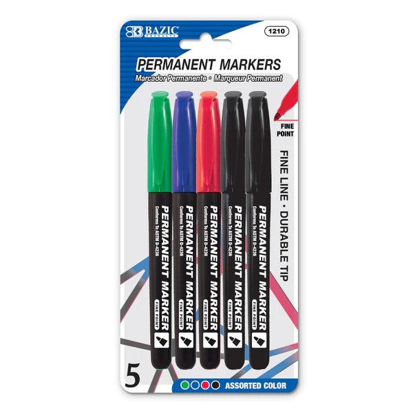 BAZIC Asst. Color Fine Tip Permanent Markers w/ Pocket Clip (5/Pack) Sold in 24 Units