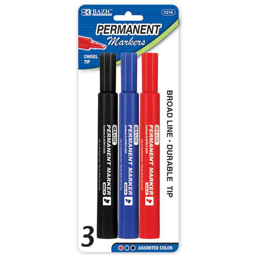 BAZIC Asst. Color Chisel Tip Jumbo Permanent Marker (3/Pack) Sold in 24 Units