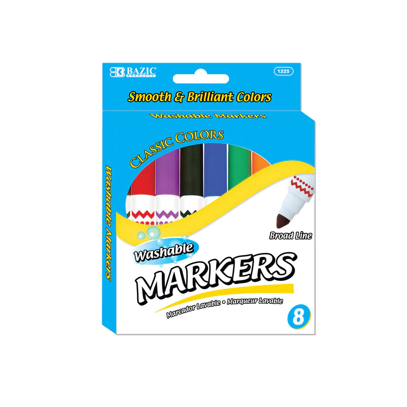 BAZIC 8 Color Broad Line Jumbo Washable Markers Sold in 24 Units