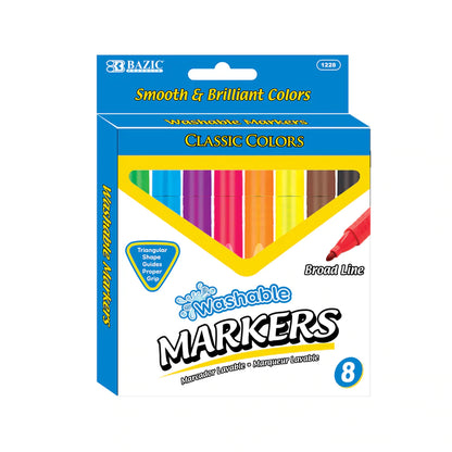 BAZIC 8 Color Jumbo Triangle Washable Markers Sold in 24 Units