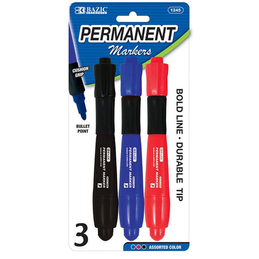 BAZIC Asst. Color Bullet Tip Jumbo Permanent Marker w/ Grip (3/Pack) Sold in 24 Units