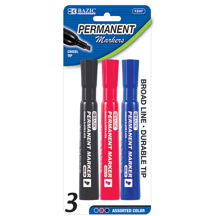 BAZIC Asst. Color Chisel Tip Desk Style Permanent Markers (3/Pack) Sold in 24 Units