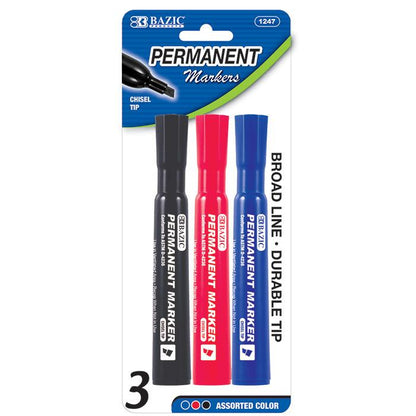 BAZIC Asst. Color Chisel Tip Desk Style Permanent Markers (3/Pack) Sold in 24 Units
