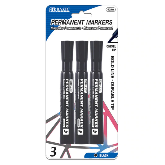 BAZIC Black Chisel Tip Desk Style Permanent Markers (3/Pack) Sold in 24 Units