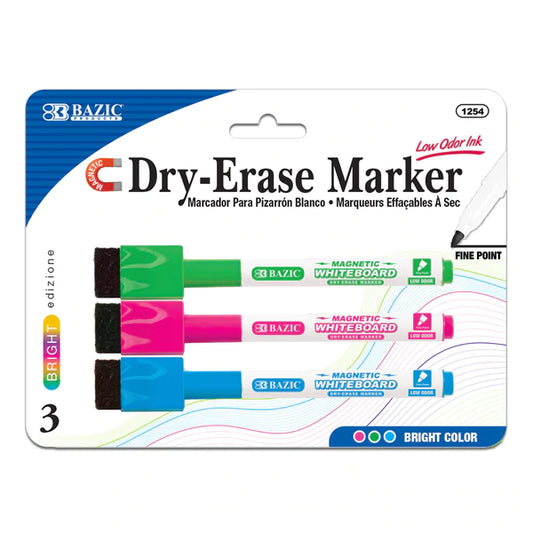 BAZIC Bright Color Magnetic Dry-Erase Markers (3/Pack) Sold in 24 Units