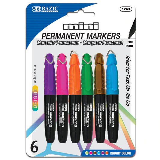 BAZIC Fancy Colors Mini Fine Point Permanent Marker w/ Cap Clip (6/Pack) Sold in 24 Units