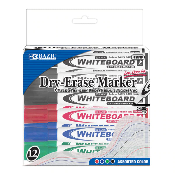 BAZIC Assorted Color Chisel Tip Dry-Erase Markers (12/Box) Sold in 12 Units