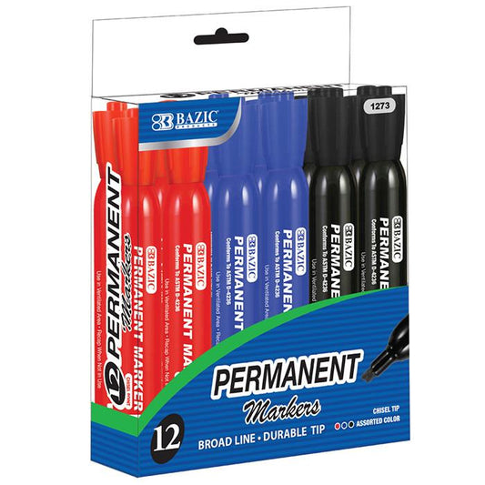 BAZIC Assorted Color Chisel Tip Desk Style Permanent Markers (12/Box) Sold in 12 Units