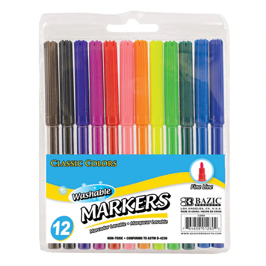 BAZIC 12 Fine Line Washable Watercolor Markers Sold in 24 Units