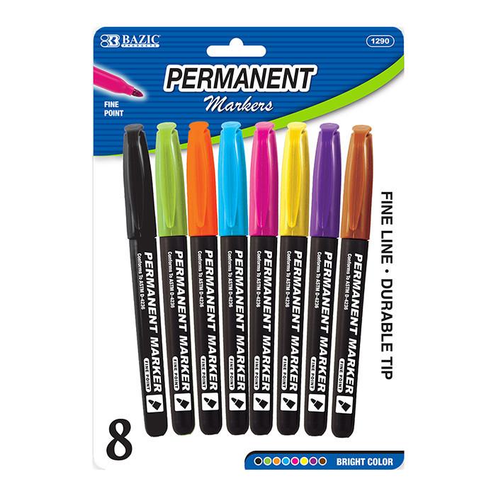 BAZIC Bright Colors Fine Tip Permanent Markers w/ Pocket Clip (8/Pack) Sold in 24 Units