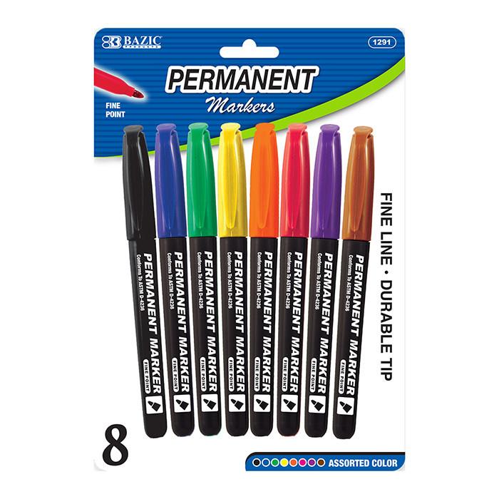 BAZIC Assorted Colors Fine Tip Permanent Markers w/ Pocket Clip (8/Pack) Sold in 24 Units