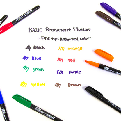 BAZIC Assorted Colors Fine Tip Permanent Markers w/ Pocket Clip (8/Pack) Sold in 24 Units
