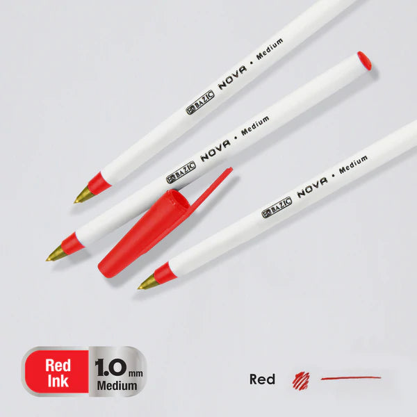 BAZIC Nova Red Color Stick Pen (12/Box) Sold in 12 Units