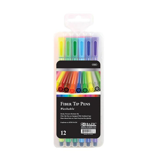 BAZIC 12 Color Washable Fiber Tip Pen Sold in 12 Units