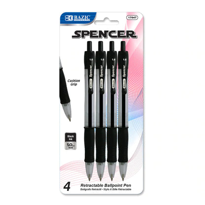 BAZIC Spencer Black Retractable Pen w/ Cushion Grip (4/Pack) Sold in 24 Units