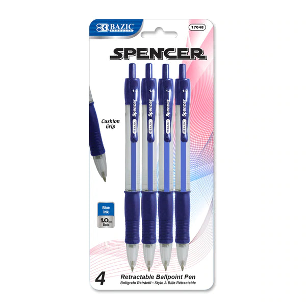 BAZIC Spencer Blue Retractable Pen w/ Cushion Grip (4/Pack) Sold in 24 Units