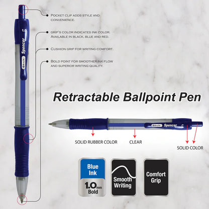BAZIC Spencer Blue Retractable Pen w/ Cushion Grip (4/Pack) Sold in 24 Units