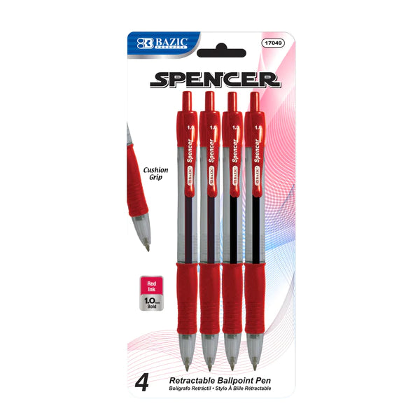 BAZIC Spencer Red Retractable Pen w/ Cushion Grip (4/Pack) Sold in 24 Units