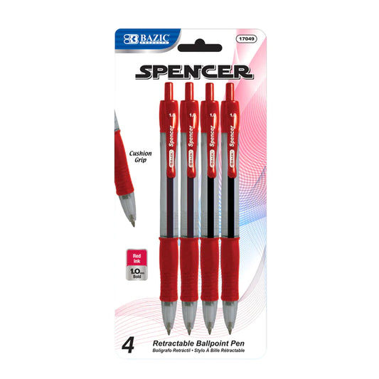 BAZIC Spencer Red Retractable Pen w/ Cushion Grip (4/Pack) Sold in 24 Units