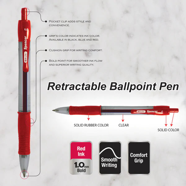 BAZIC Spencer Red Retractable Pen w/ Cushion Grip (4/Pack) Sold in 24 Units
