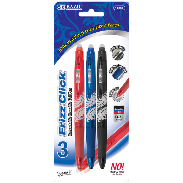 Frizz Assorted Color Erasable Gel Retractable Pen with Grip (3/Pack) Sold in 24 Units