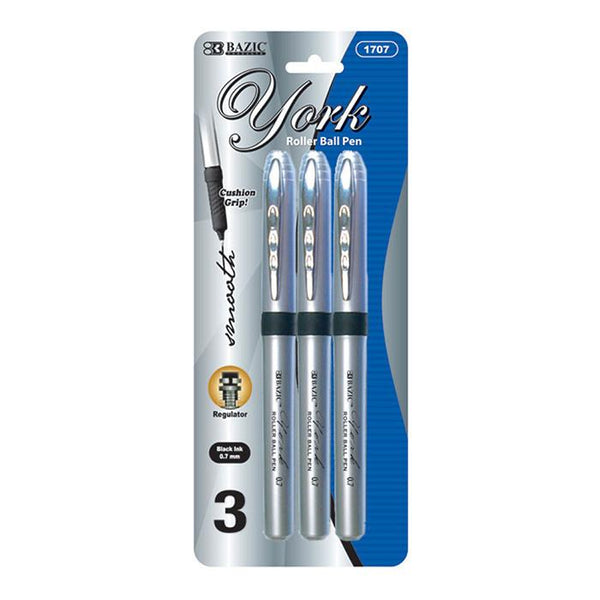 BAZIC York Black Rollerball Pen w/ Grip (3/Pack) Sold in 24 Units