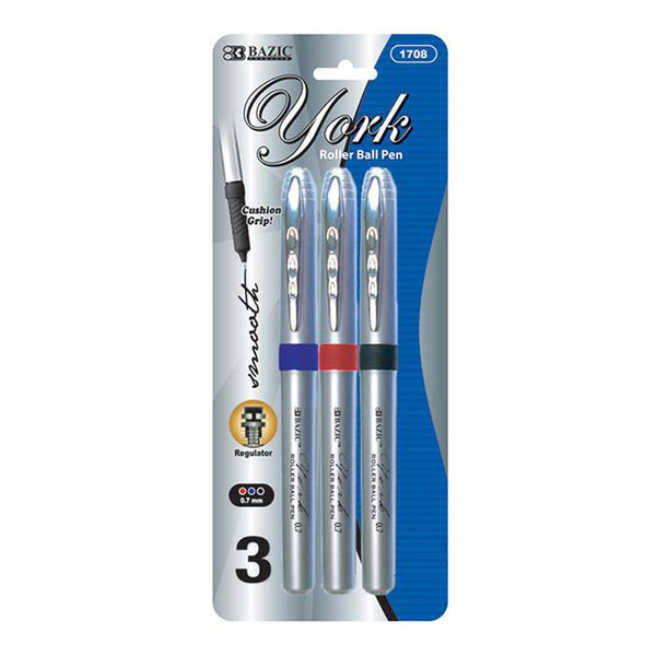 BAZIC York Asst. Color Rollerball Pen w/ Grip (3/Pack) Sold in 24 Units