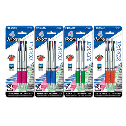 BAZIC Silver Top 4-Color Pen w/ Cushion Grip (2/Pack) Sold in 24 Units