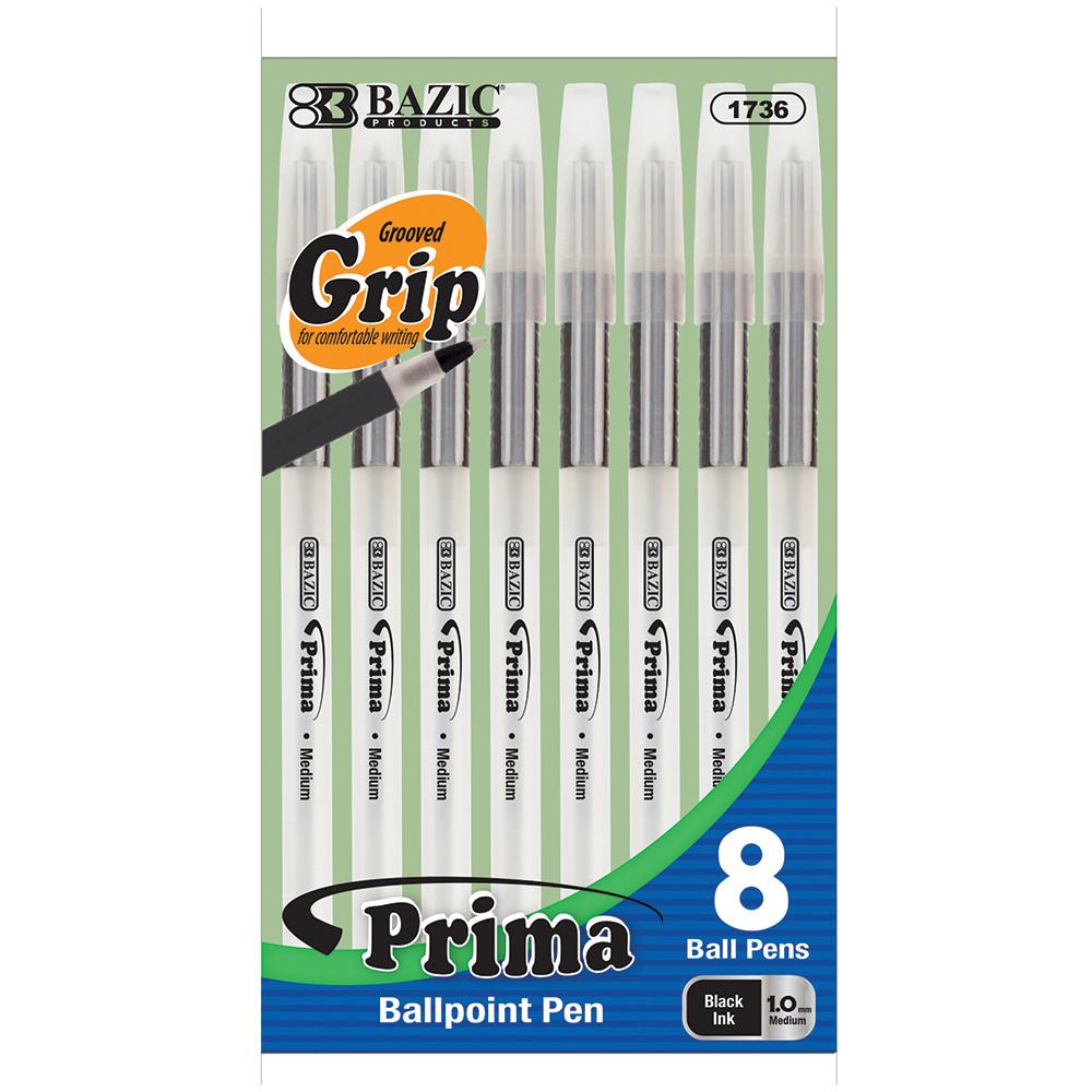 BAZIC Prima Black Stick Pen W/ Cushion Grip (8/Pack) Sold in 24 Units