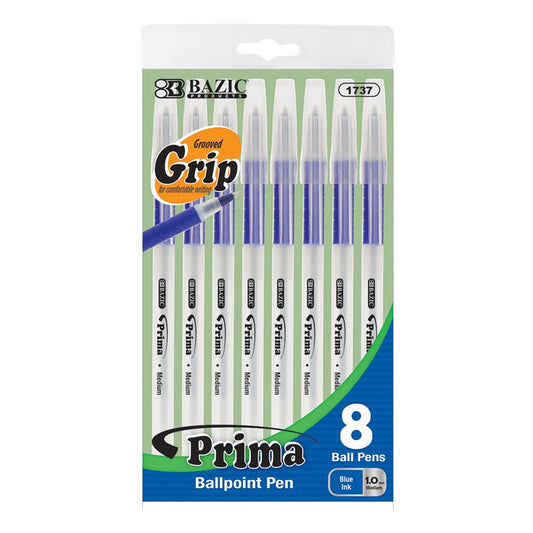 BAZIC Prima Blue Stick Pen w/ Cushion Grip (8/Pack) Sold in 24 Units