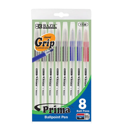 BAZIC Prima Assorted Color Stick Pen w/ Cushion Grip (8/Pack) Sold in 24 Units