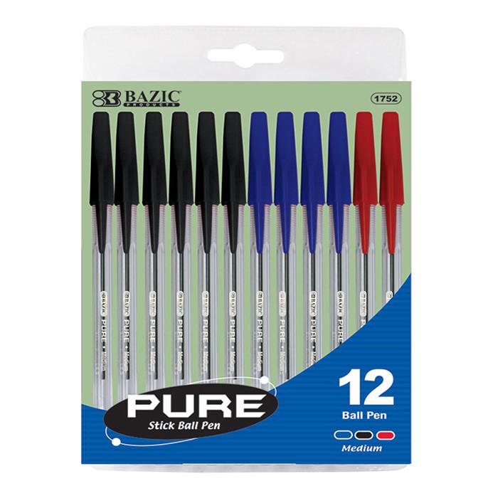 BAZIC Pure Assorted Color Stick Pen (12/Pack) Sold in 24 Units