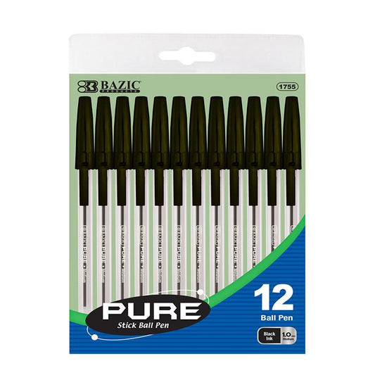 BAZIC Pure Black Stick Pen (12/Pack) Sold in 24 Units