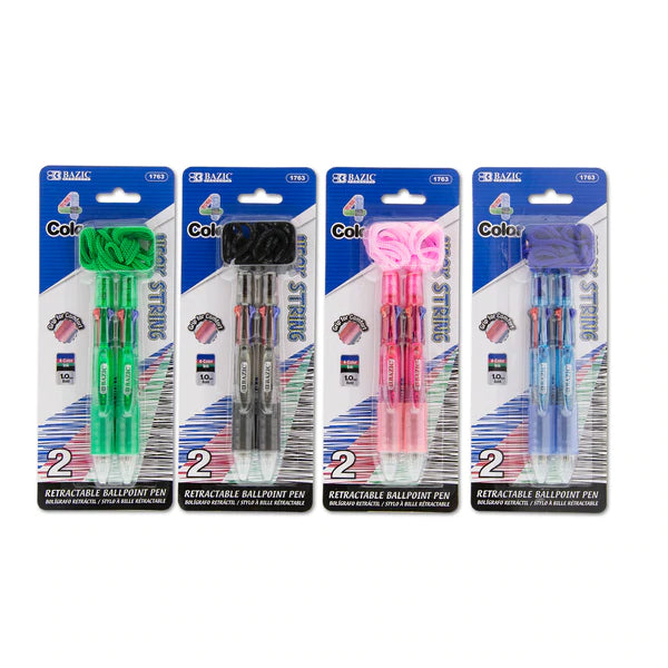 BAZIC 4-Color Neck Pen w/ Cushion Grip (2/Pack) Sold in 24 Units