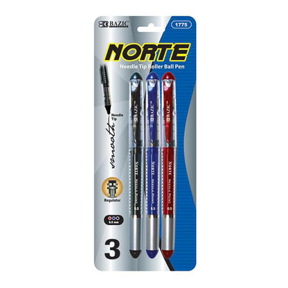 BAZIC Norte Asst. Color Needle-Tip Rollerball Pen (3/Pack) Sold in 24 Units