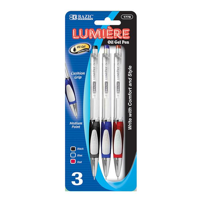 BAZIC Lumiere Assorted Color Oil-Gel Ink Retractable Pen w/ Grip (3/Pack) Sold in 24 Units
