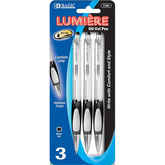 BAZIC Lumiere Black Oil-Gel Ink Retractable Pen w/ Grip (3/Pack) Sold in 24 Units