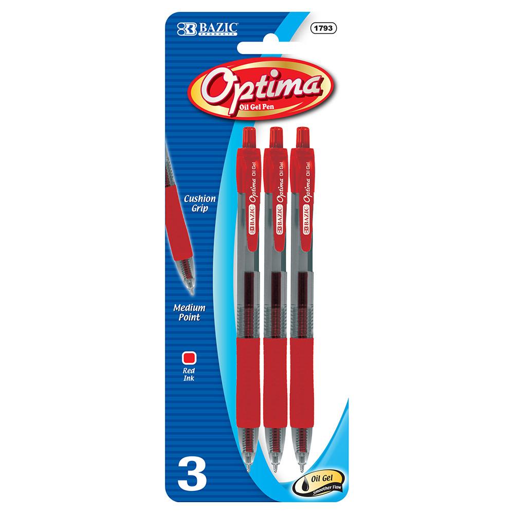 BAZIC Optima Red Oil-Gel Ink Retractable Pen w/ Grip (3/Pack) Sold in 24 Units