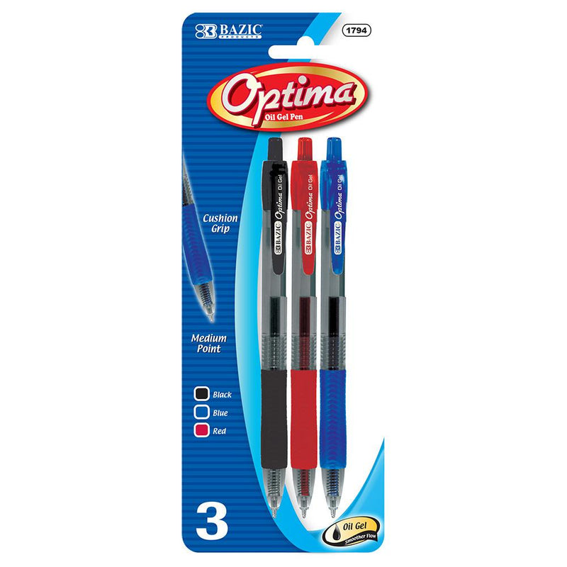 BAZIC Optima Assorted Color Oil-Gel Ink Retractable Pen w/ Grip (3/Pack) Sold in 24 Units