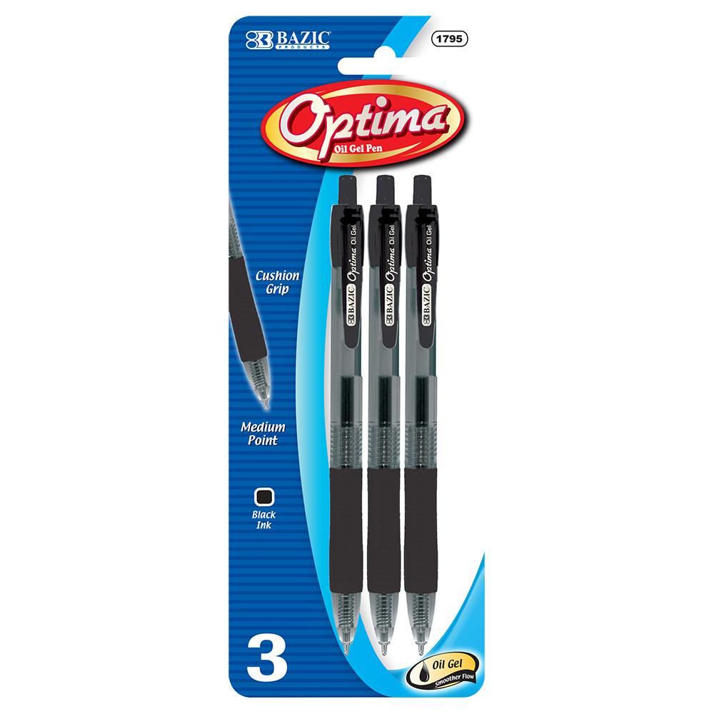 BAZIC Optima Black Oil-Gel Ink Retractable Pen w/ Grip (3/Pack) Sold in 24 Units
