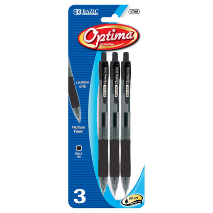 BAZIC Optima Black Oil-Gel Ink Retractable Pen w/ Grip (3/Pack) Sold in 24 Units