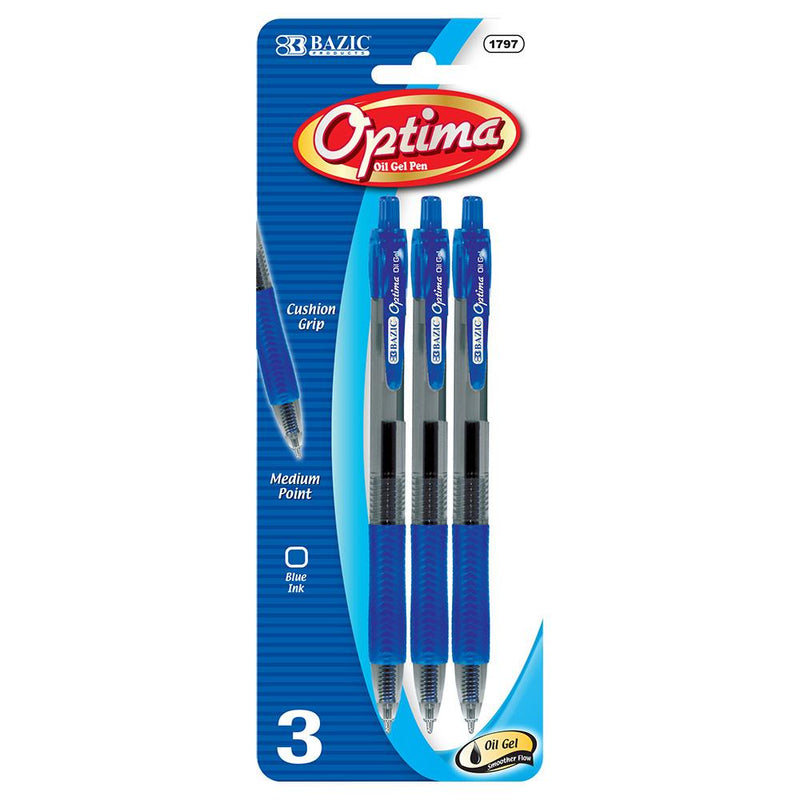 BAZIC Optima Blue Oil-Gel Ink Retractable Pen w/ Grip (3/Pack) Sold in 24 Units