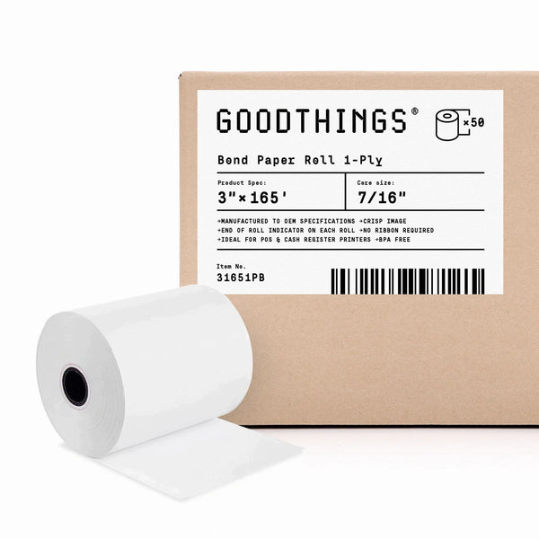 3" x 165' (50 Rolls) 1-Ply White Bond Paper Roll (Ribbon Required)