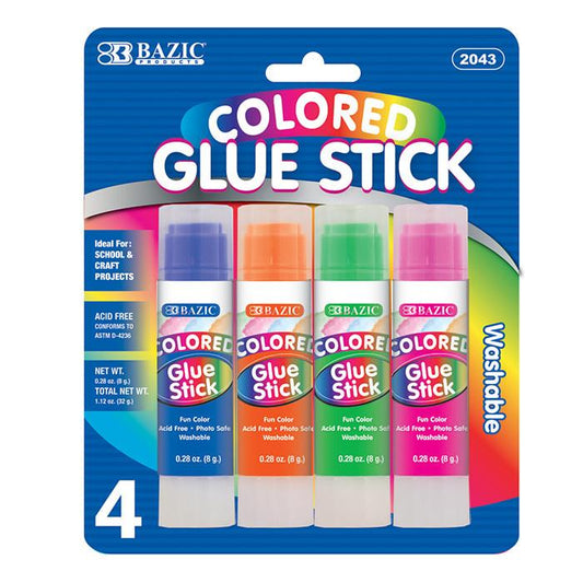 BAZIC 8 g / 0.28 Oz Washable Colored Glue Stick (4/Pack) Sold in 24 Units